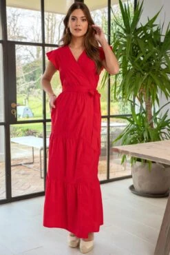 Pour Moi Esme Cotton Poplin Fluted Sleeve Wrap Maxi Dress - Red -Cheap Clozi Vibe Store 311474 20230412101600