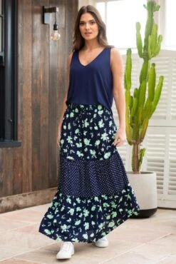 Pour Moi Tahlia Tiered Woven Maxi Skirt - Navy Floral -Cheap Clozi Vibe Store 311483 20230228152000