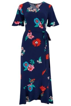 Pour Moi Megan Slinky Jersey Frill Detail Midi Wrap Dress - Navy Floral -Cheap Clozi Vibe Store 311766 20230302113900