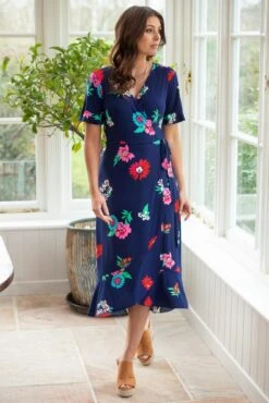 Pour Moi Megan Slinky Jersey Frill Detail Midi Wrap Dress - Navy Floral