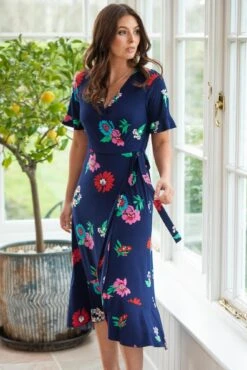 Pour Moi Megan Slinky Jersey Frill Detail Midi Wrap Dress - Navy Floral -Cheap Clozi Vibe Store 311769 20230302113900