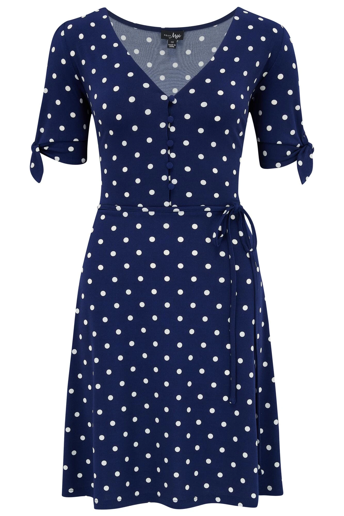Pour Moi Bella Slinky Stretch Tie Sleeve Tea Dress - Navy/White 7 Pour Moi Bella Slinky Stretch Tie Sleeve Tea Dress - Navy/White - Image 7