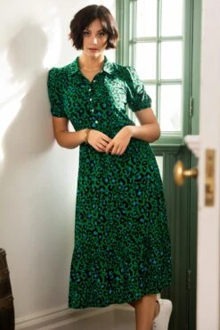 Pour Moi Jodie Slinky Jersey Tiered Midi Shirt Dress - Green Leopard -Cheap Clozi Vibe Store 311874 20230302124500