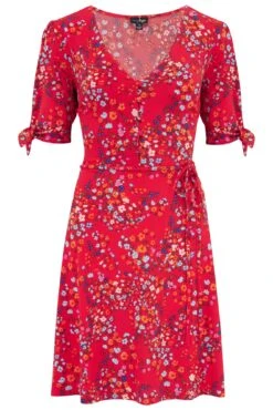 Pour Moi Bella Slinky Stretch Tie Sleeve Tea Dress - Red Floral -Cheap Clozi Vibe Store 312024 20230302164900