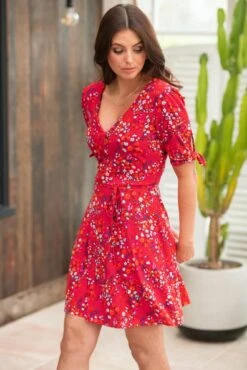 Pour Moi Bella Slinky Stretch Tie Sleeve Tea Dress - Red Floral