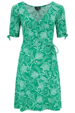 Pour Moi Bella Slinky Stretch Tie Sleeve Tea Dress - Green/White -Cheap Clozi Vibe Store 312035 20230302165500