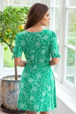 Pour Moi Bella Slinky Stretch Tie Sleeve Tea Dress - Green/White -Cheap Clozi Vibe Store 312039 20230302165500