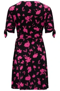 Pour Moi Bella Slinky Stretch Tie Sleeve Tea Dress - Black/Pink -Cheap Clozi Vibe Store 312236 20230608101100
