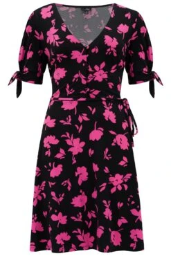 Pour Moi Bella Slinky Stretch Tie Sleeve Tea Dress - Black/Pink -Cheap Clozi Vibe Store 312237 20230608101100