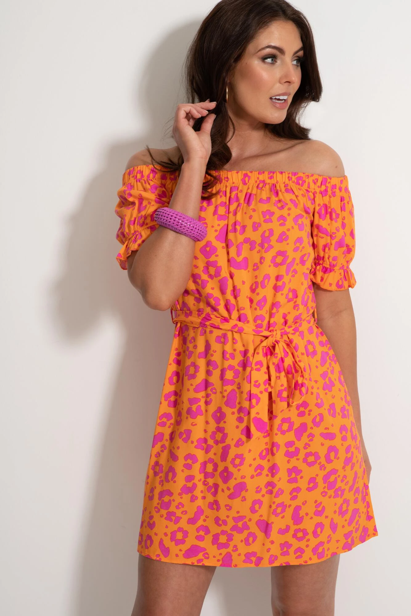 Pour Moi Woven Puff Sleeve Removable Belted Bardot Dress - Orange/Pink 4 Pour Moi Woven Puff Sleeve Removable Belted Bardot Dress - Orange/Pink - Image 4
