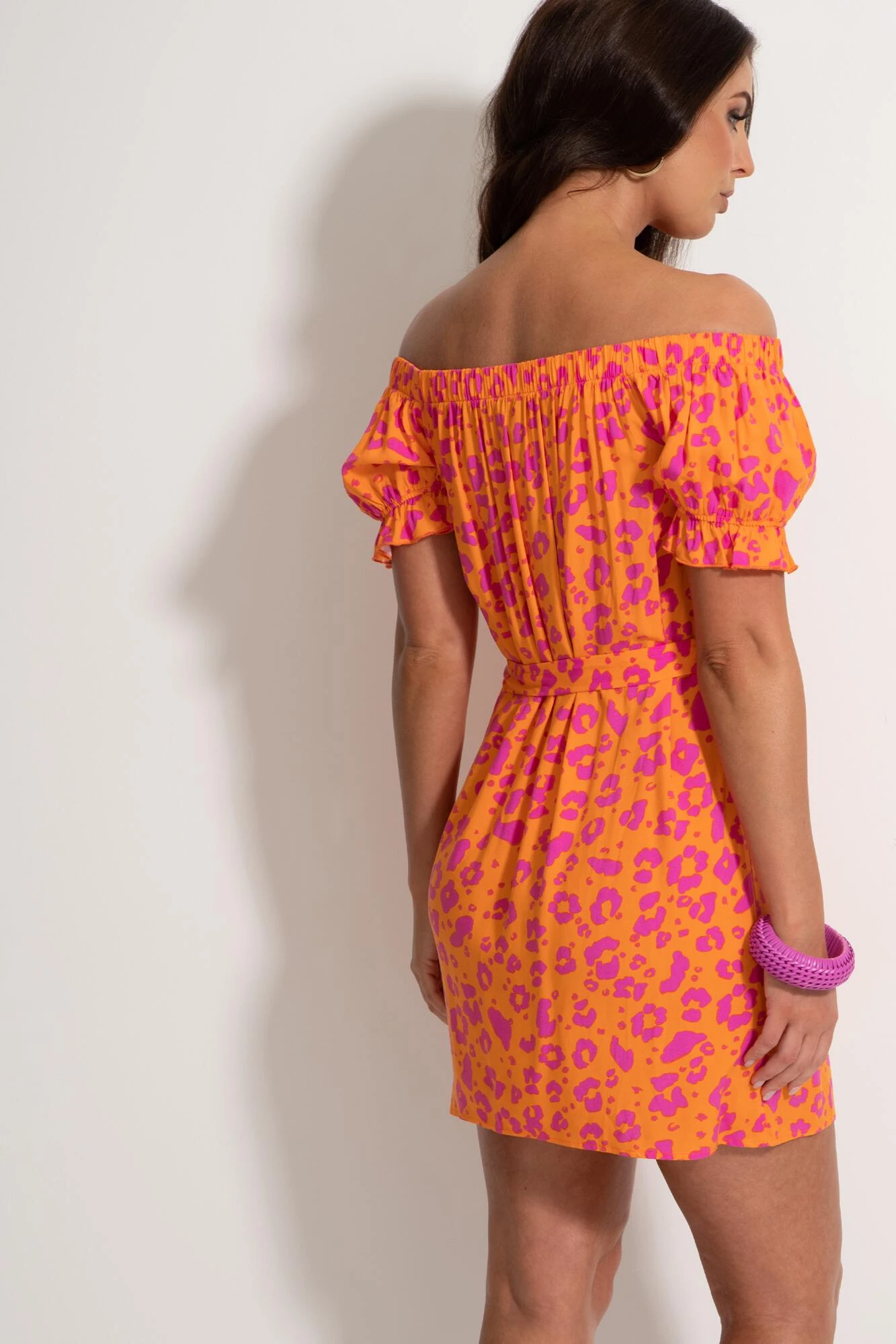 Pour Moi Woven Puff Sleeve Removable Belted Bardot Dress - Orange/Pink 5 Pour Moi Woven Puff Sleeve Removable Belted Bardot Dress - Orange/Pink - Image 5