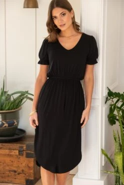 Pour Moi Jenny Puff Sleeve Stretch Midi Dress - Black