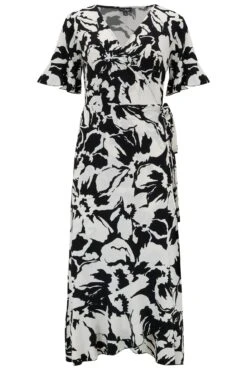 Pour Moi Megan Slinky Jersey Frill Detail Midi Wrap Dress - Mono Floral -Cheap Clozi Vibe Store 312532 20230316153600