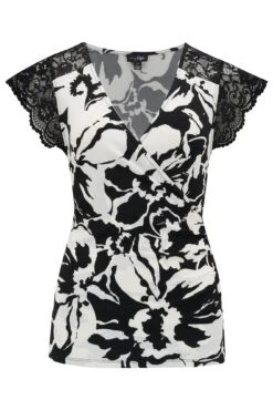 Pour Moi Julie Slinky Jersey Lace Trim Wrap Top - Mono Floral -Cheap Clozi Vibe Store 312556 20230316155100