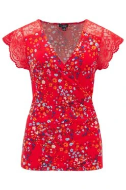 Pour Moi Julie Slinky Jersey Lace Trim Wrap Top - Red Floral -Cheap Clozi Vibe Store 312616 20230316155500