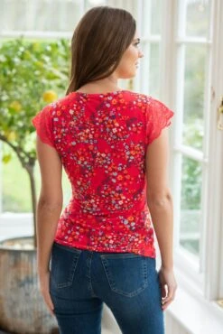 Pour Moi Julie Slinky Jersey Lace Trim Wrap Top - Red Floral -Cheap Clozi Vibe Store 312619 20230316155500