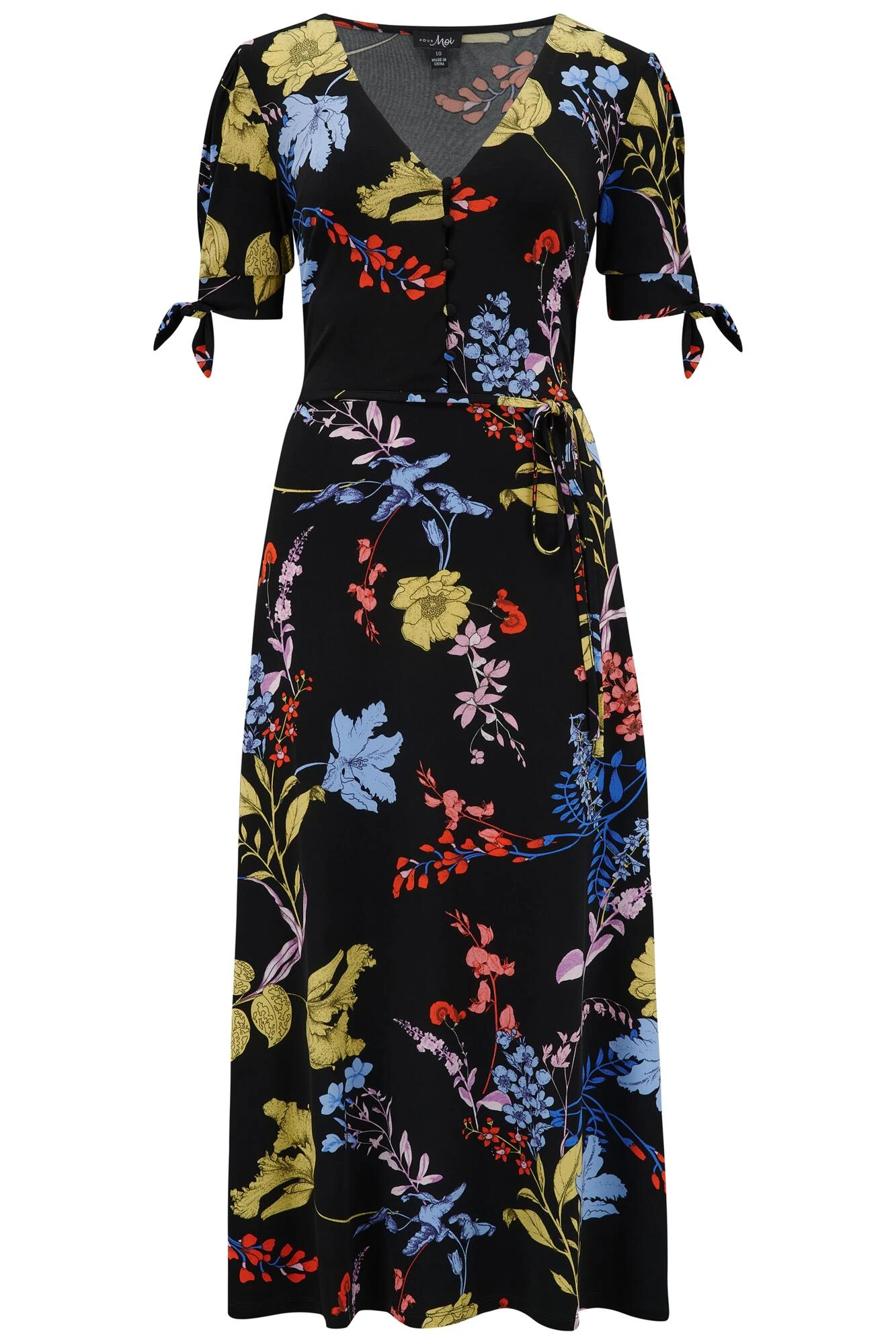 Pour Moi Bella Slinky Stretch Tie Sleeve Midi Dress - Black Floral 5 Pour Moi Bella Slinky Stretch Tie Sleeve Midi Dress - Black Floral - Image 5