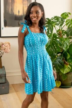 Pour Moi Hannah Embroidered Woven Tie Strap Dress - Aqua/White