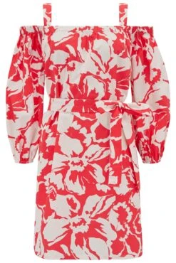 Pour Moi Amelie Cotton Poplin Long Sleeve Cold Shoulder Dress - Red/White -Cheap Clozi Vibe Store 313548 20230404115100