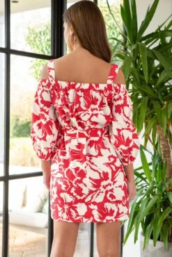 Pour Moi Amelie Cotton Poplin Long Sleeve Cold Shoulder Dress - Red/White -Cheap Clozi Vibe Store 313552 20230404115100