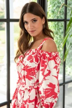 Pour Moi Amelie Cotton Poplin Long Sleeve Cold Shoulder Dress - Red/White -Cheap Clozi Vibe Store 313553 20230404115100