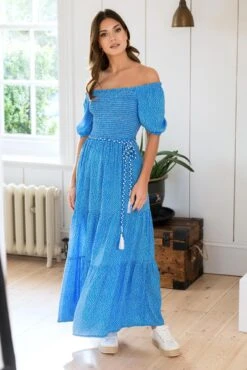 Pour Moi Sadie Shirred Bodice Woven Short Sleeve Maxi Dress - Blue/White -Cheap Clozi Vibe Store 313797 20230517163800