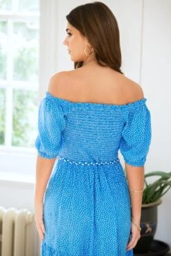 Pour Moi Sadie Shirred Bodice Woven Short Sleeve Maxi Dress - Blue/White -Cheap Clozi Vibe Store 313798 20230517163800