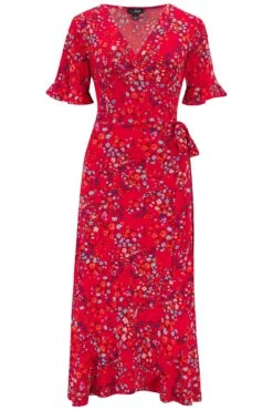 Pour Moi Megan Slinky Jersey Frill Detail Midi Wrap Dress - Red Floral -Cheap Clozi Vibe Store 314179 20230731114900