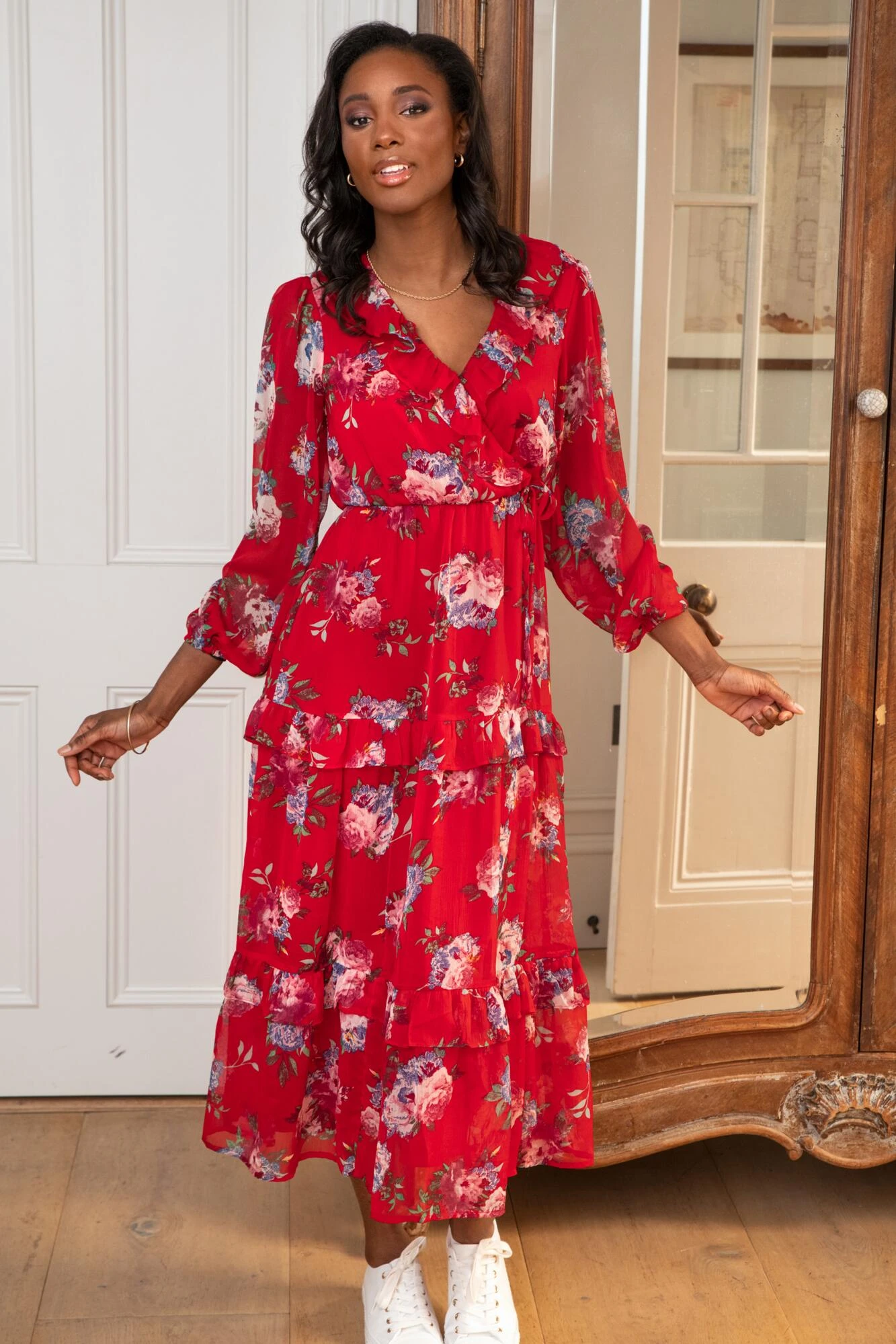 Pour Moi Lily Chiffon Frill Midaxi Dress - Red Floral 2 Pour Moi Lily Chiffon Frill Midaxi Dress - Red Floral - Image 2