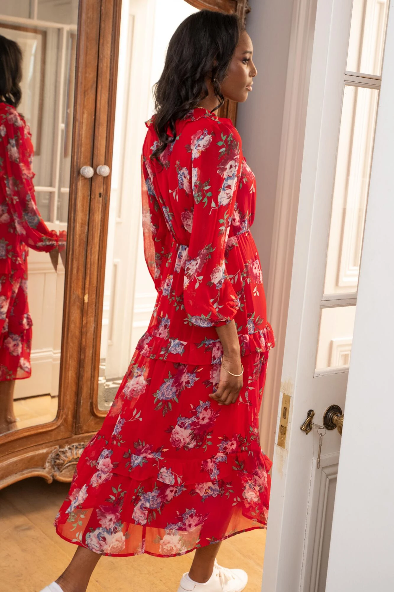 Pour Moi Lily Chiffon Frill Midaxi Dress - Red Floral 5 Pour Moi Lily Chiffon Frill Midaxi Dress - Red Floral - Image 5