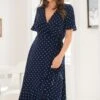 Pour Moi Megan Slinky Jersey Frill Detail Midi Wrap Dress - Navy/Aqua