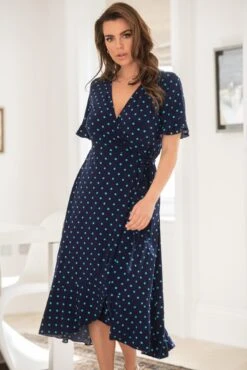 Pour Moi Megan Slinky Jersey Frill Detail Midi Wrap Dress - Navy/Aqua