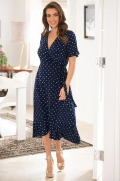 Pour Moi Megan Slinky Jersey Frill Detail Midi Wrap Dress - Navy/Aqua -Cheap Clozi Vibe Store 315683 20230505121000