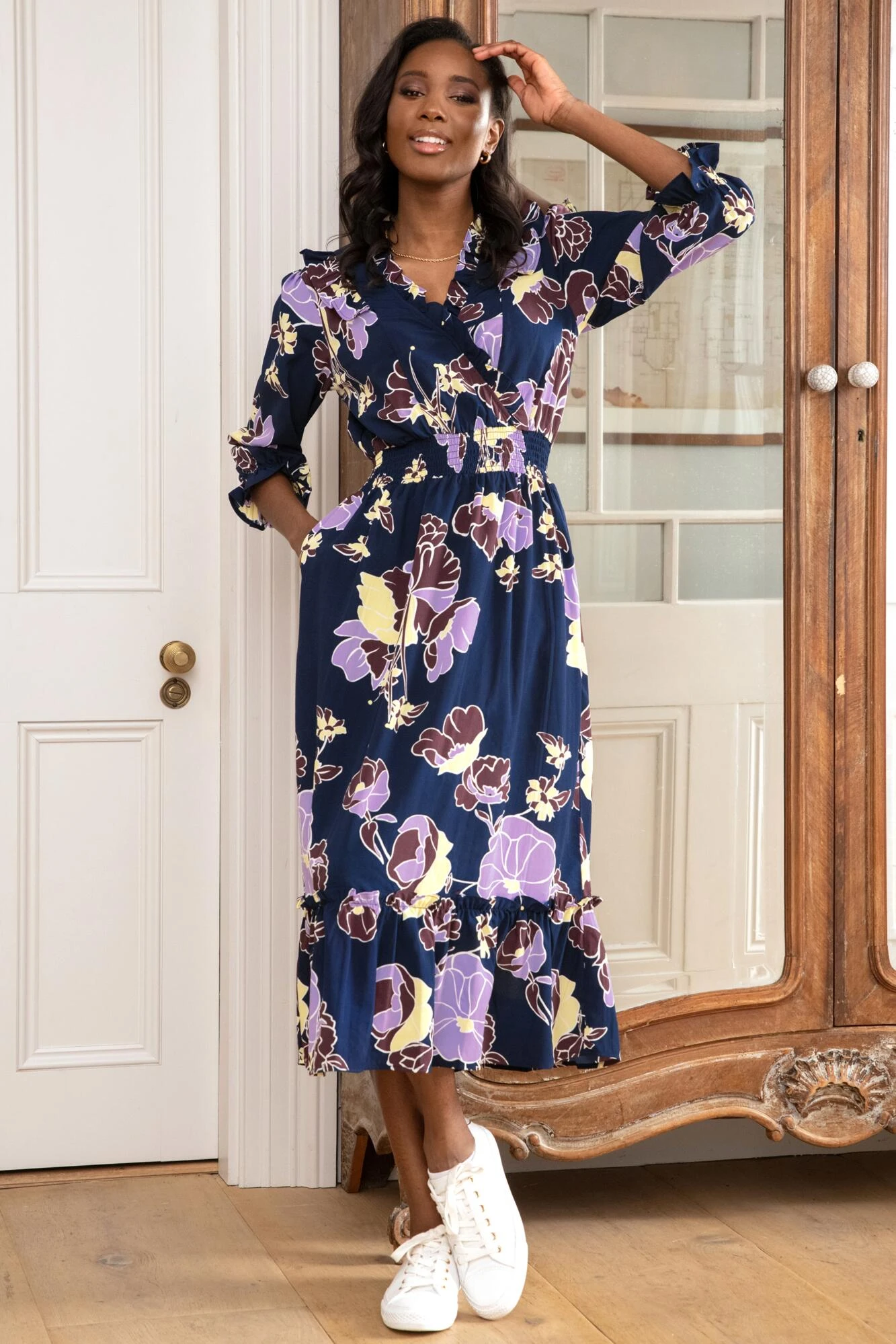 Pour Moi Maggie Woven Frill Midi Dress - Navy Floral 1 Pour Moi Maggie Woven Frill Midi Dress - Navy Floral