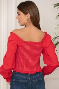 Pour Moi Rachel Cotton Shirred Bodice Long Sleeve Top - Red -Cheap Clozi Vibe Store 315924 20230512085400