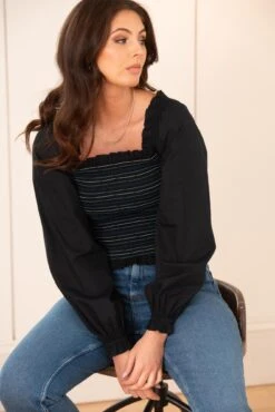Pour Moi Rachel Cotton Shirred Bodice Long Sleeve Top - Black