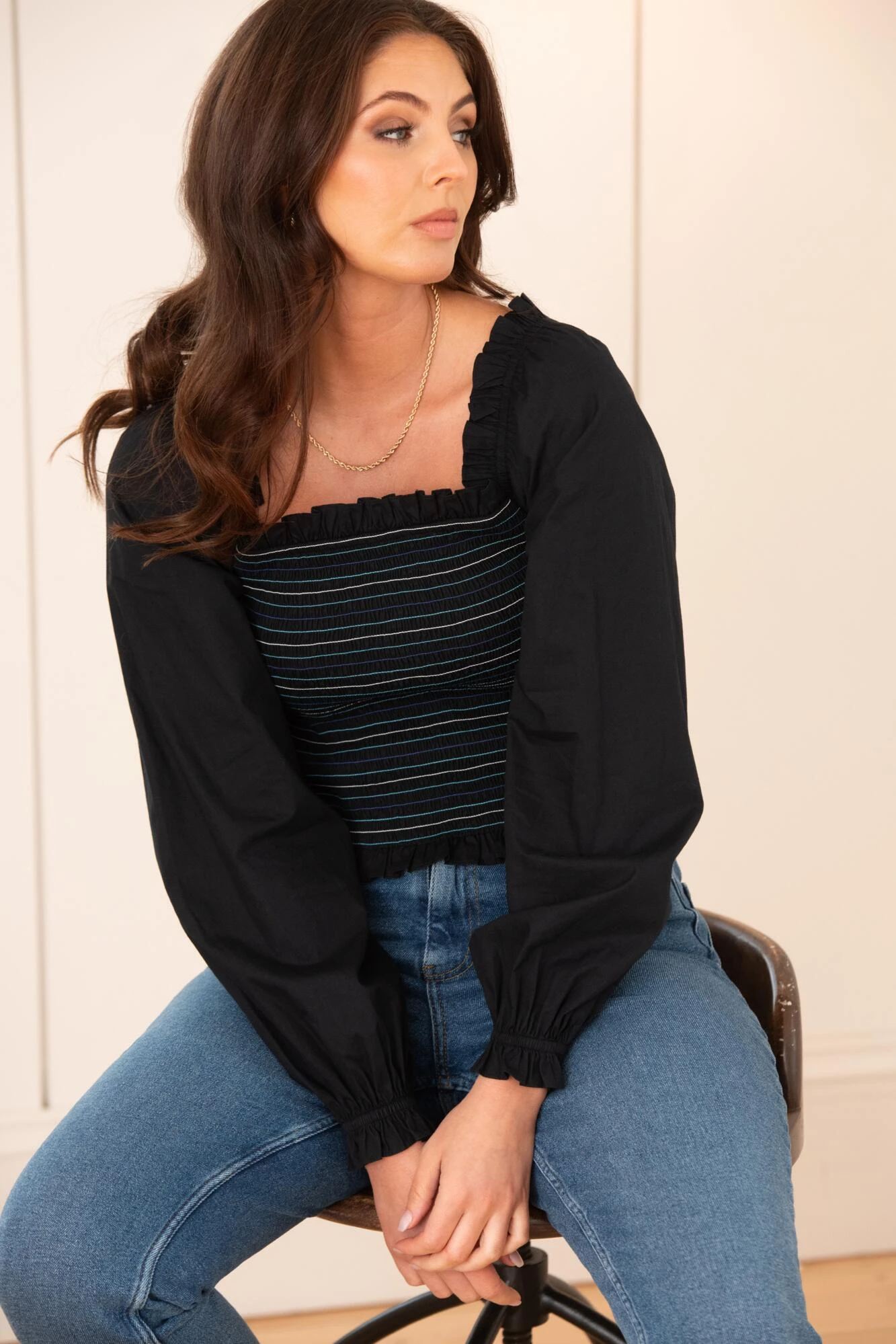 Pour Moi Rachel Cotton Shirred Bodice Long Sleeve Top - Black 1 Pour Moi Rachel Cotton Shirred Bodice Long Sleeve Top - Black