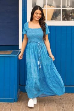 Pour Moi Sadie Shirred Bodice Woven Short Sleeve Maxi Dress - Blue/White -Cheap Clozi Vibe Store 316283 20230517163800