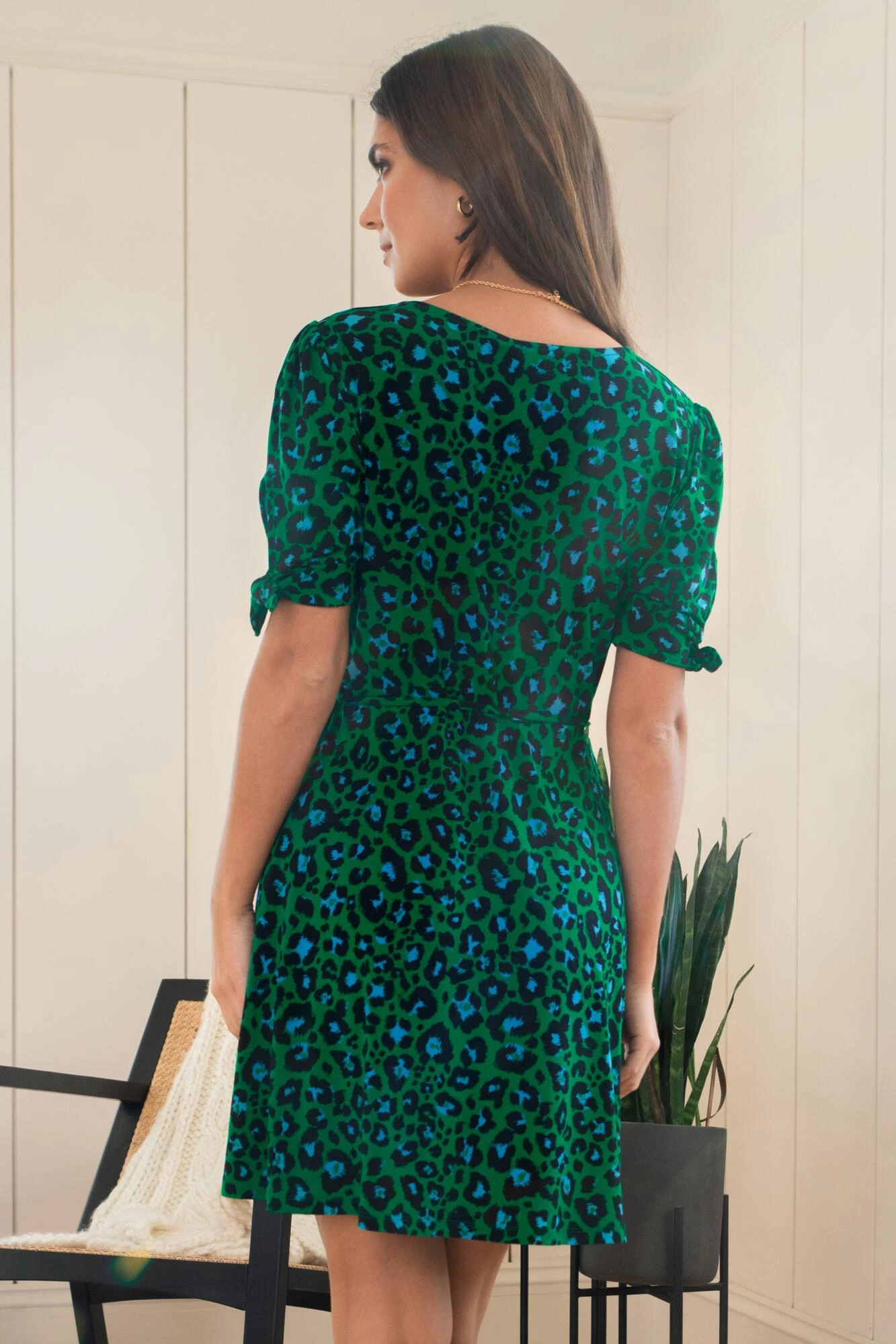 Pour Moi Bella Slinky Stretch Tie Sleeve Tea Dress - Green Leopard 4 Pour Moi Bella Slinky Stretch Tie Sleeve Tea Dress - Green Leopard - Image 4