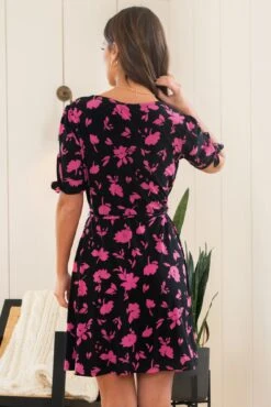 Pour Moi Bella Slinky Stretch Tie Sleeve Tea Dress - Black/Pink -Cheap Clozi Vibe Store 318028 20230608101100