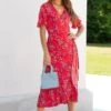 Pour Moi Megan Slinky Jersey Frill Detail Midi Wrap Dress - Red Floral