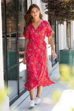 Pour Moi Megan Slinky Jersey Frill Detail Midi Wrap Dress - Red Floral -Cheap Clozi Vibe Store 319844 20230731114900