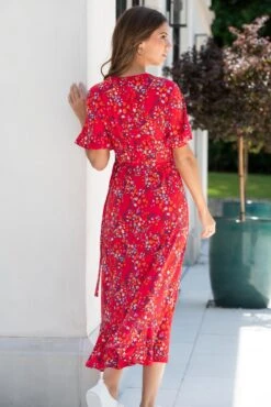 Pour Moi Megan Slinky Jersey Frill Detail Midi Wrap Dress - Red Floral -Cheap Clozi Vibe Store 319845 20230731114900