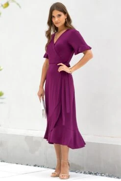 Pour Moi Megan Slinky Jersey Frill Detail Midi Wrap Dress - Grape -Cheap Clozi Vibe Store 319848 20230731123800
