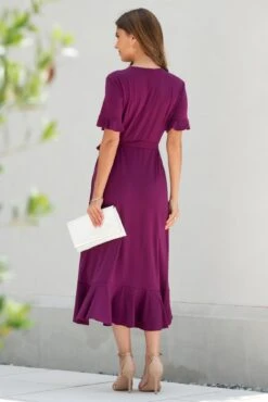 Pour Moi Megan Slinky Jersey Frill Detail Midi Wrap Dress - Grape -Cheap Clozi Vibe Store 319849 20230731123800
