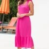Pour Moi Laura Pique Tie Strap Tiered Midi Dress - Hot Pink