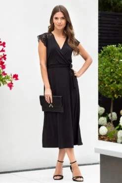 Pour Moi Julie Slinky Jersey Lace Trim Midi Dress - Black