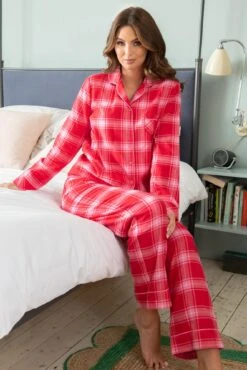 Pour Moi Cosy Check Brushed Cotton Pyjama Set - Red/Pink