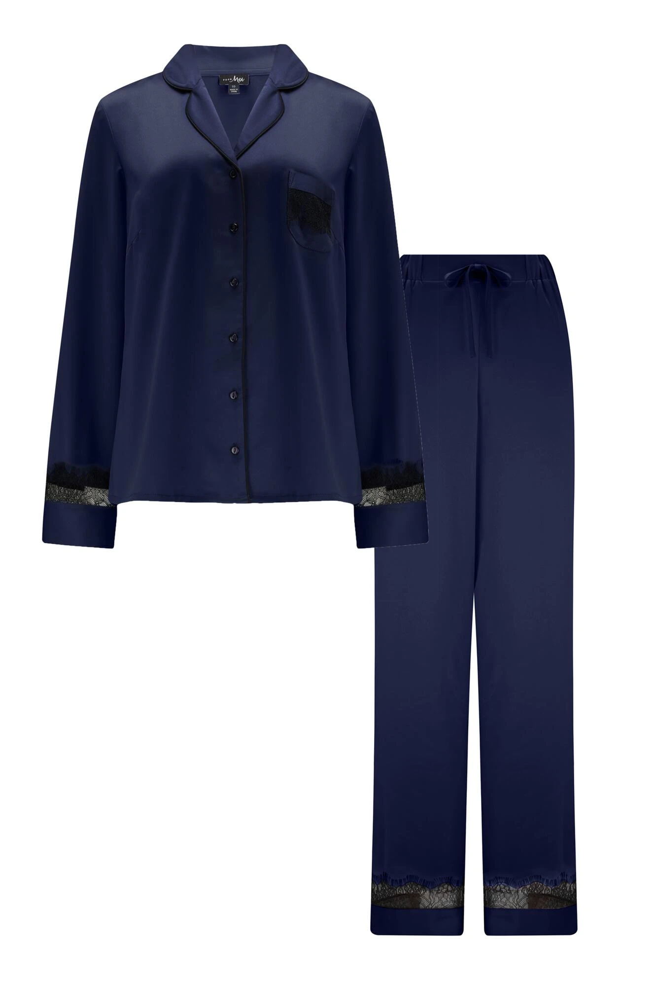 Pour Moi Dusk Satin And Lace Revere Collar Pyjama Set - Navy/Black 5 Pour Moi Dusk Satin And Lace Revere Collar Pyjama Set - Navy/Black - Image 5
