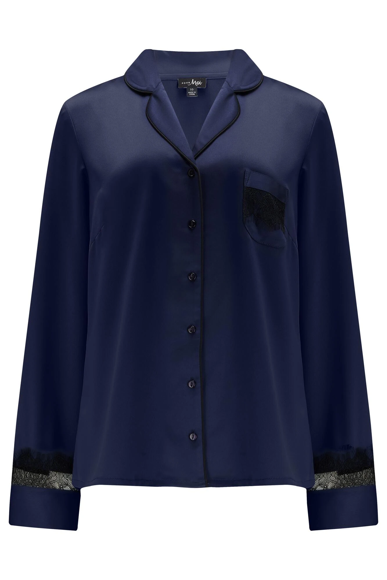 Pour Moi Dusk Satin And Lace Revere Collar Pyjama Set - Navy/Black 6 Pour Moi Dusk Satin And Lace Revere Collar Pyjama Set - Navy/Black - Image 6